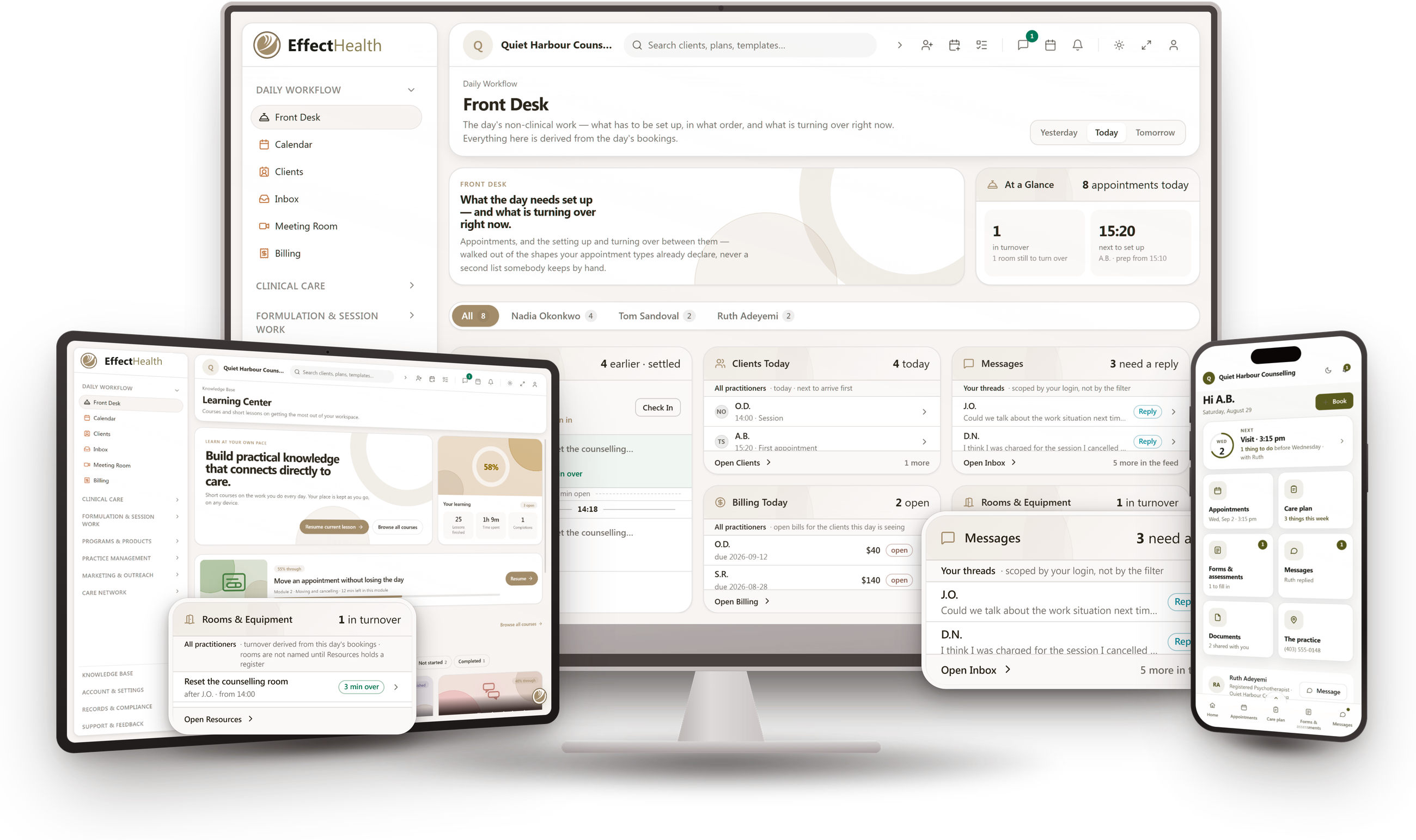 One of the family platforms shown on desktop and mobile — the front desk view, calendar, client records and client-facing portal.